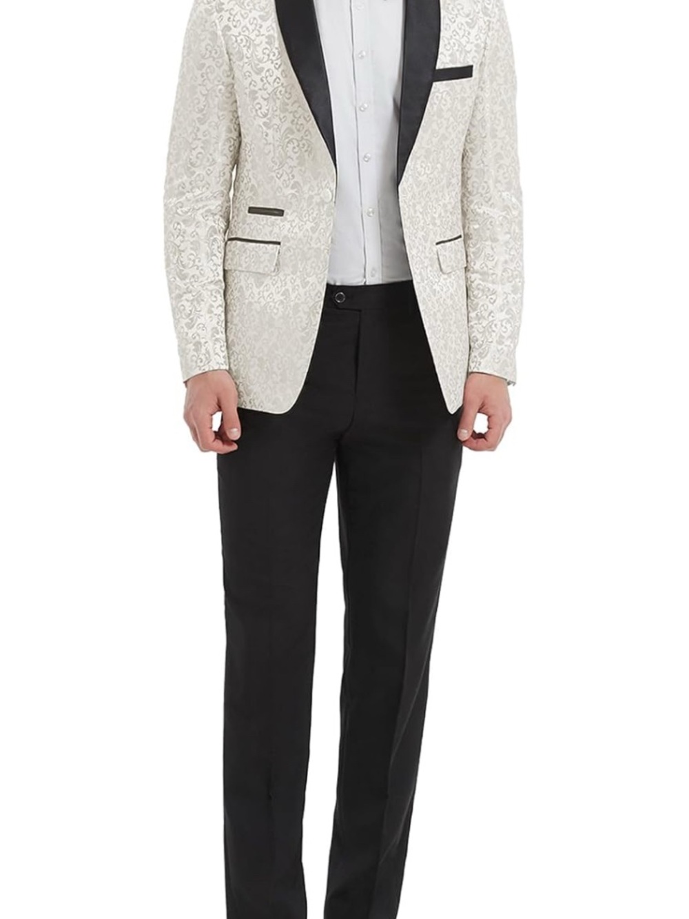 Men's Cream Floral Jacquard Tuxedo Blazer with Black Satin Shawl Lapel - Picture 4 of 4